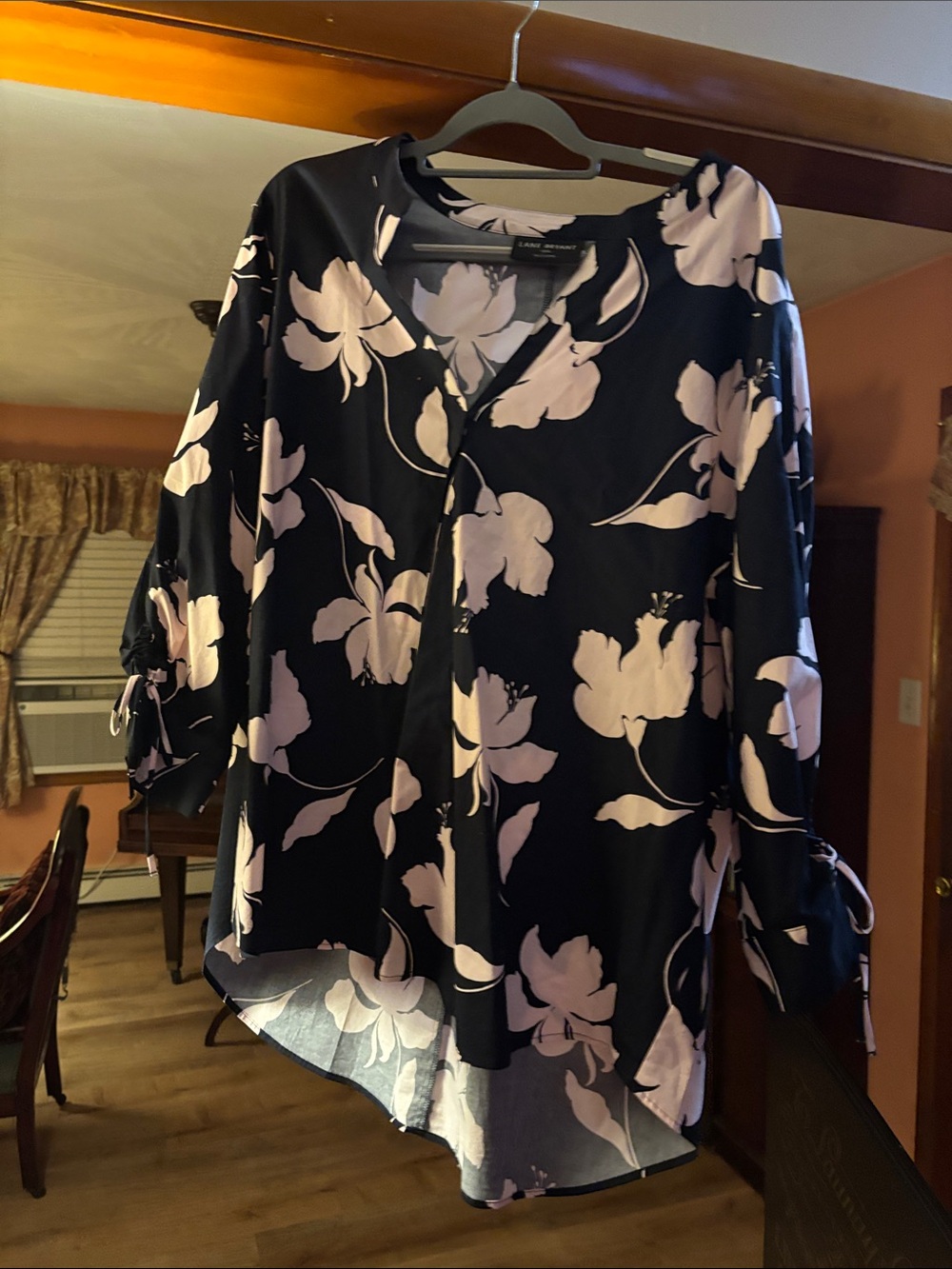 Lane Bryant Navy Button-Front Top with Light Pink Floral Print